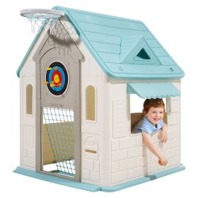 VEVOR Outdoor Playhouse, 5-In-1 Cottage Play House with Pretend Play, Basketball, Darts, Soccer, Ring Toss, Window & Convenient Door