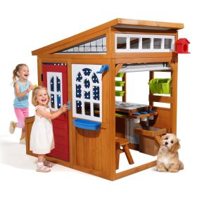VEVOR Outdoor Playhouse, Cedar Wooden Kids Playhouse with Bird Nest, Doorbell, Trash Bin, Gravity Wall Set, Storage Pocket, Windowsill